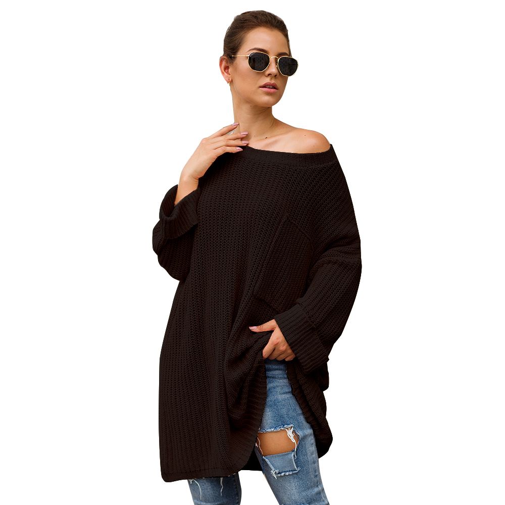 SZ60241-3 Black Knit One Shoulder Long Sleeve Casual Sweater